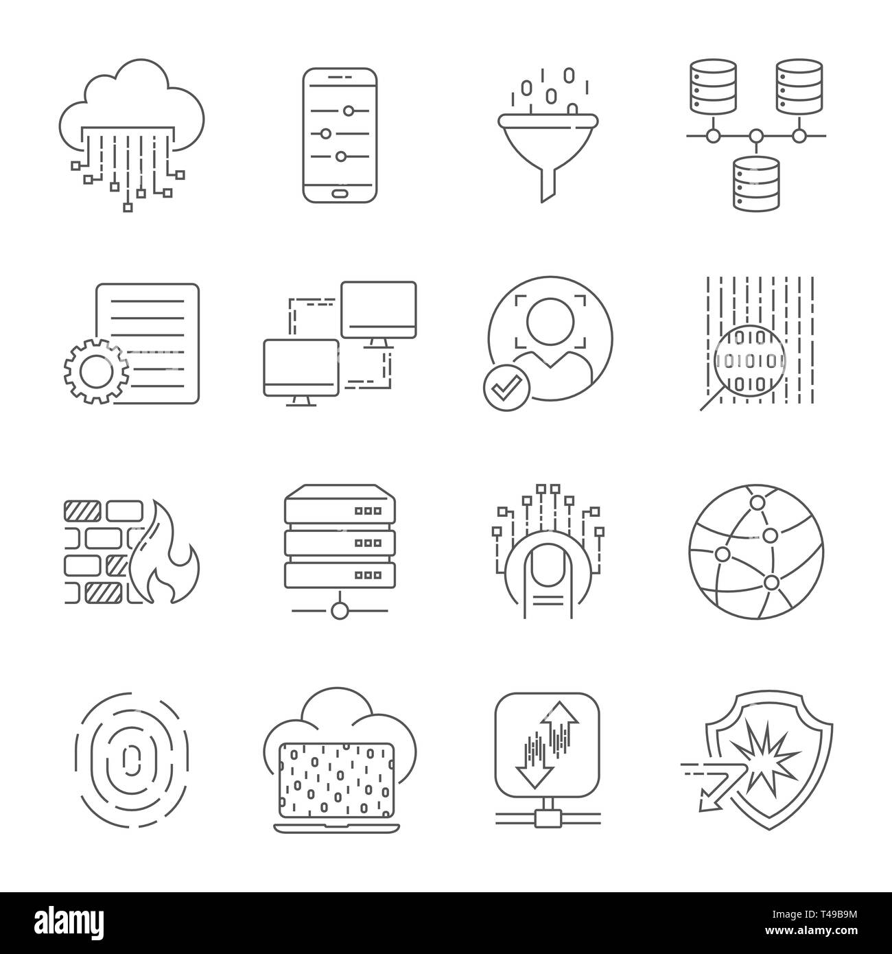 Computer technology related line icon set. Data transfer and computer options linear vector icon collection. Editable Stroke. EPS 10 Stock Vector