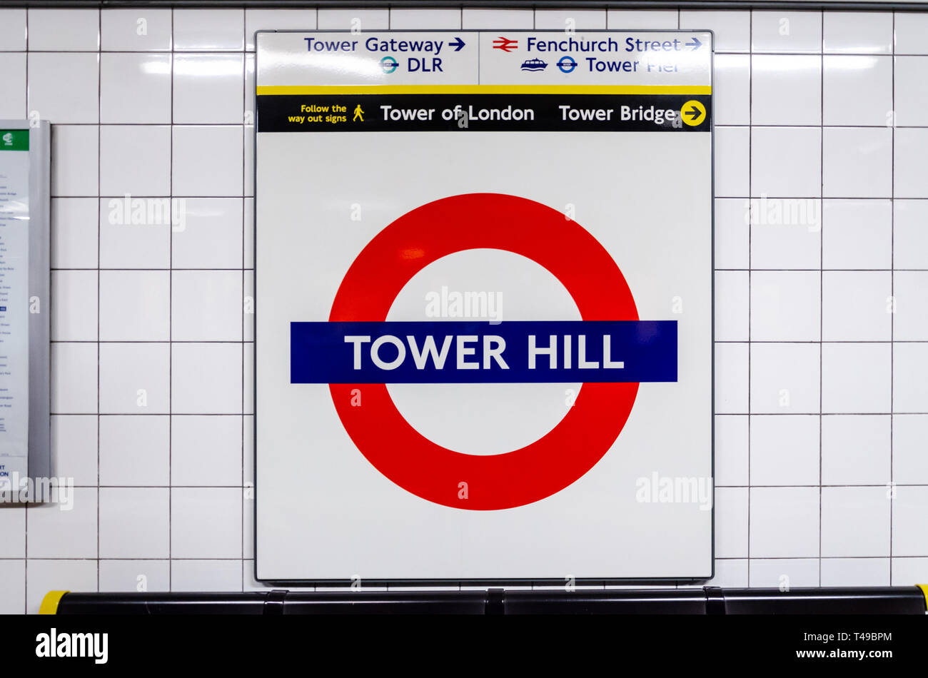 Tower Hill London Underground Railway Station name sign. Stock Photo