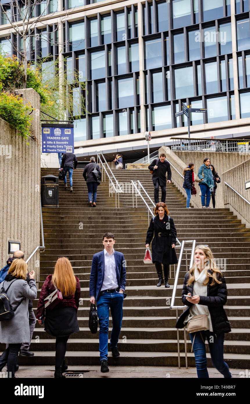 A staircase leading up to the entrance of Tower Hill Station in London