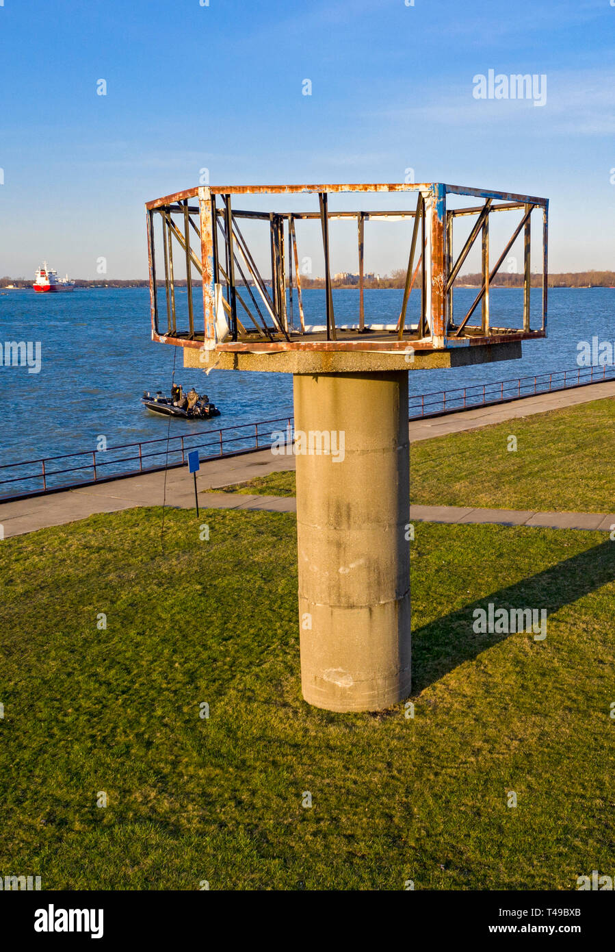 Detroit, Michigan - The base of a radar tower is all that is left of a Cold War-era Nike missile site on the Detroit River. Hundreds of the anti-aircr Stock Photo