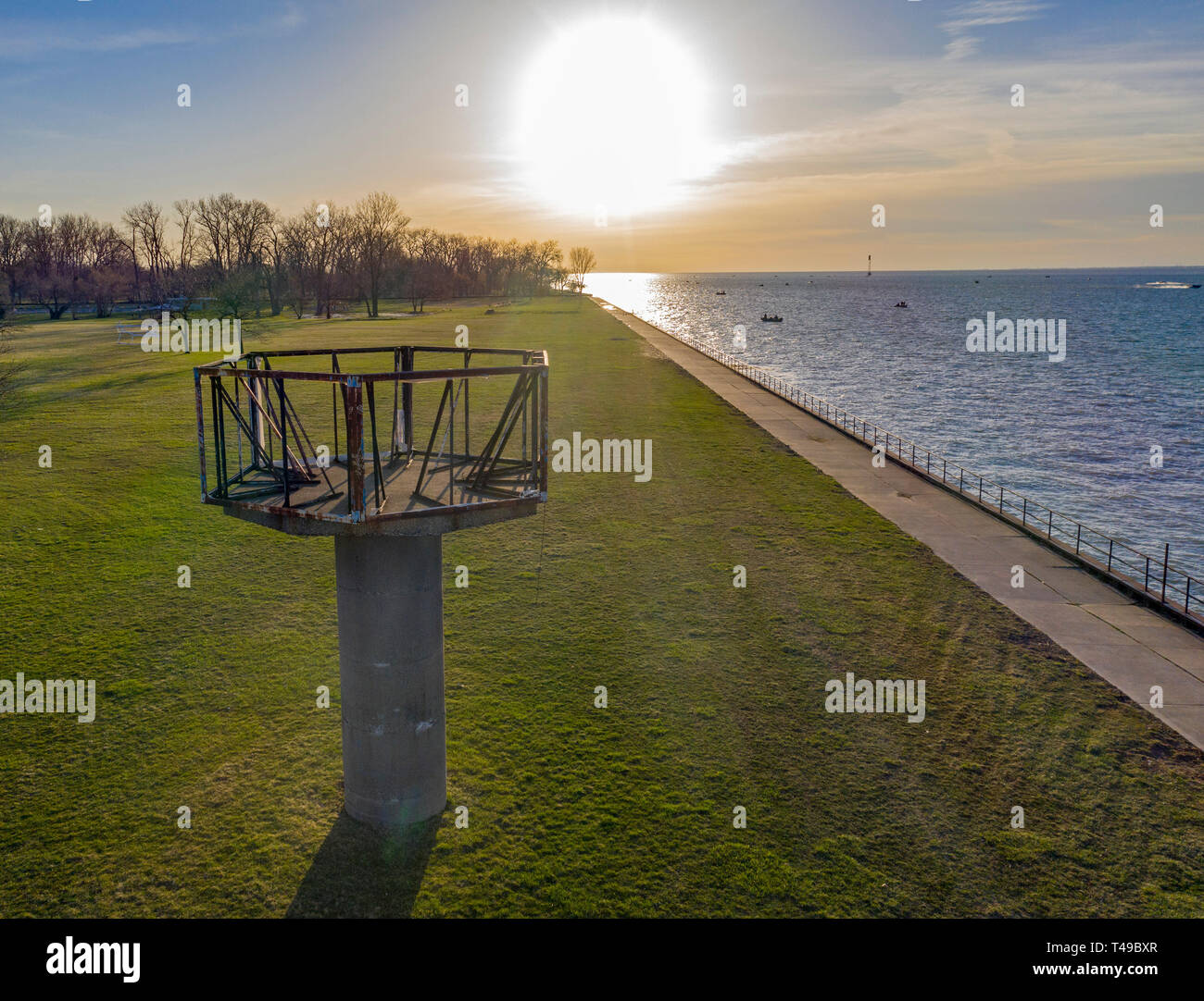 Detroit, Michigan - The base of a radar tower is all that is left of a Cold War-era Nike missile site on the Detroit River. Hundreds of the anti-aircr Stock Photo