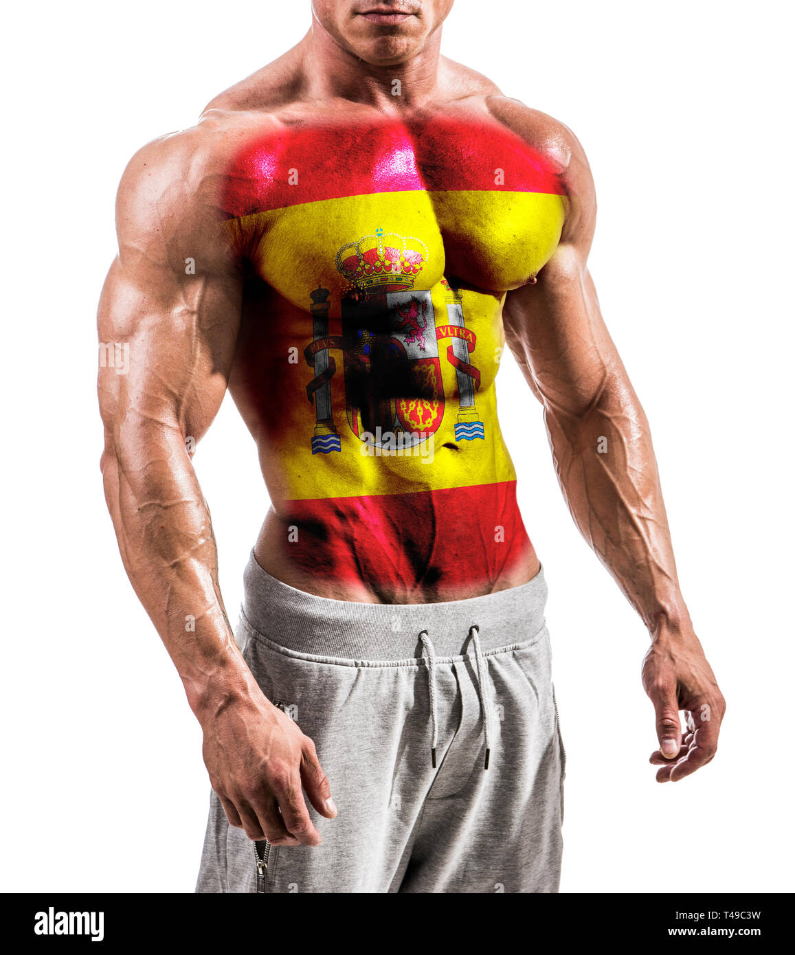 Torso of shirtless muscular man with Spain flag painted on naked chest,  isolated on white in studio shot Stock Photo - Alamy