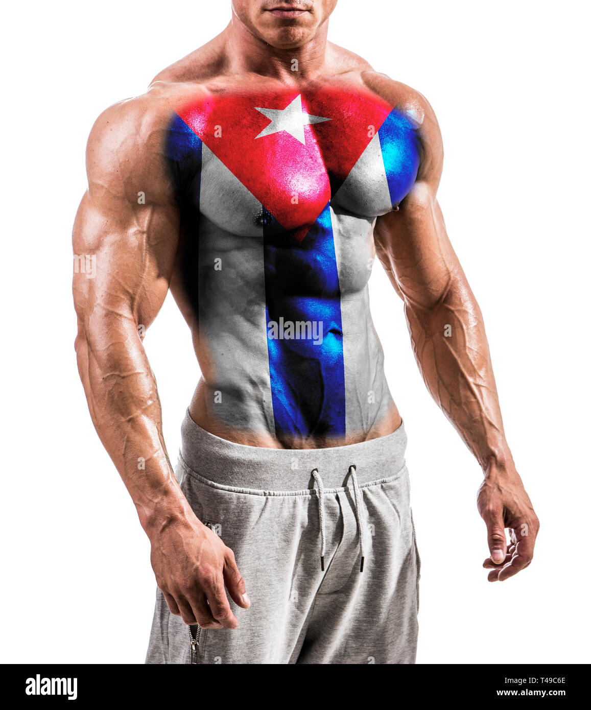 Torso of shirtless muscular man with Cuba flag painted on naked chest