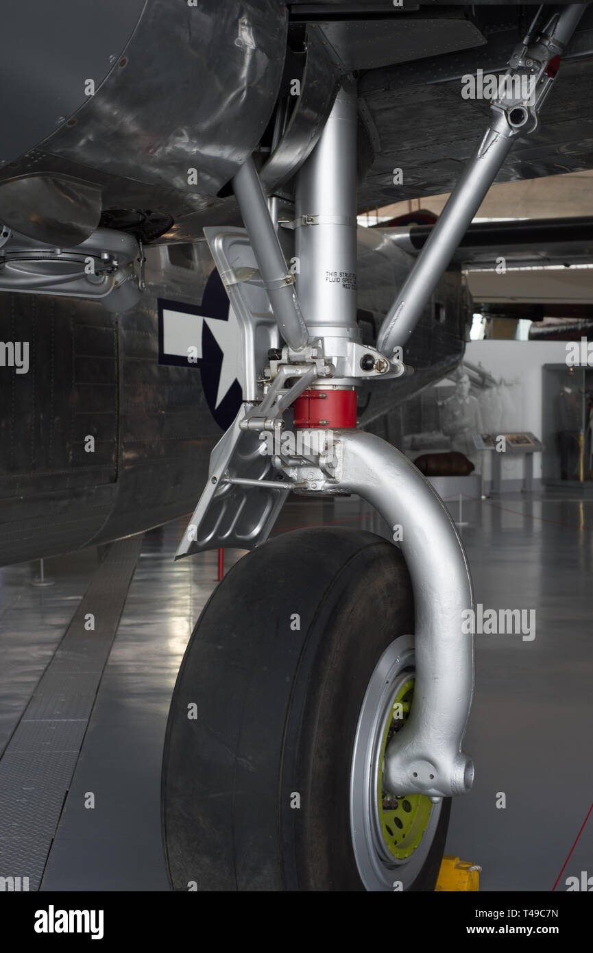 Detailed view of the main landing gear on a Consolidated B-24 Liberator at Duxford Imperial War Museum. Stock Photo