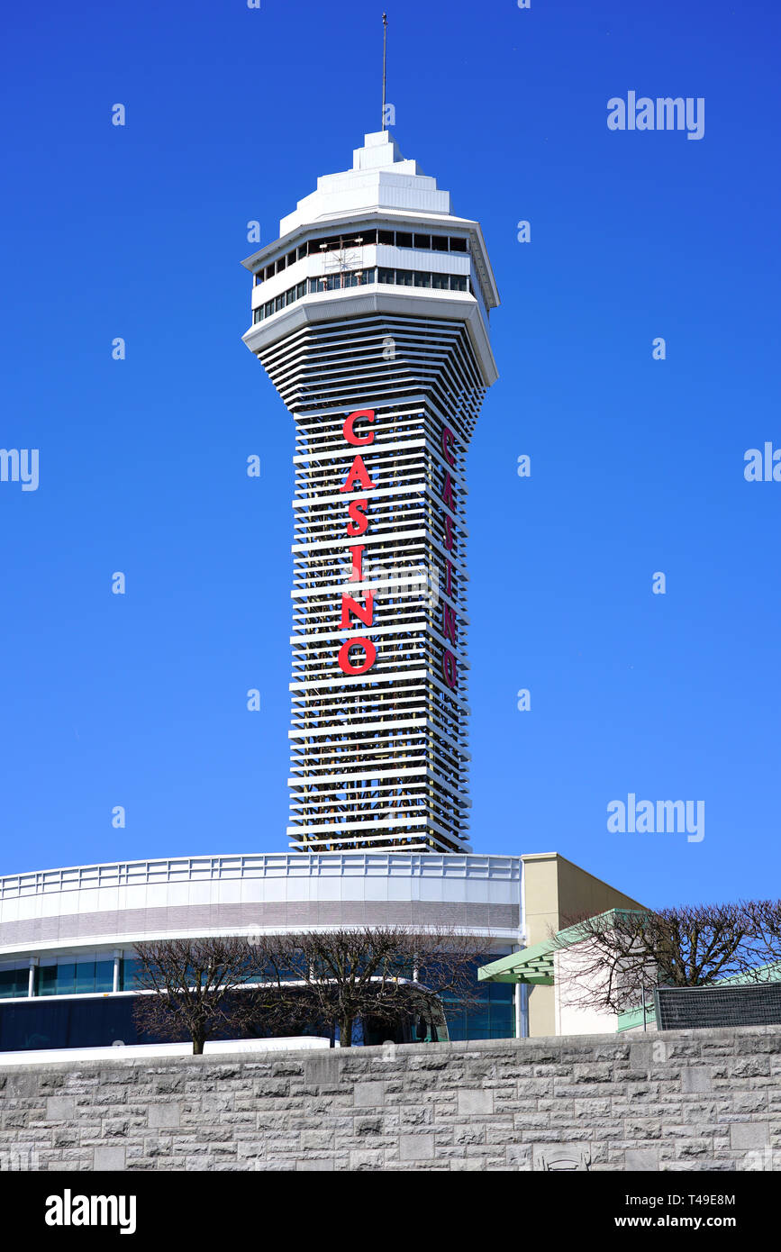 NIAGARA FALLS, CANADA -27 MAR 2019- View of the Casino tower overlooking  the waterfront on the Niagara River in Niagara Falls, Ontario, Canada Stock  Photo - Alamy, image size:867x1390