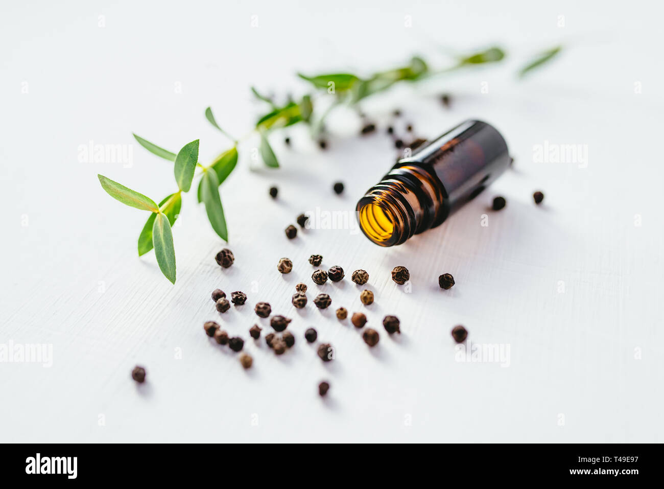 Black pepper essential oil on white background for beauty, skin care