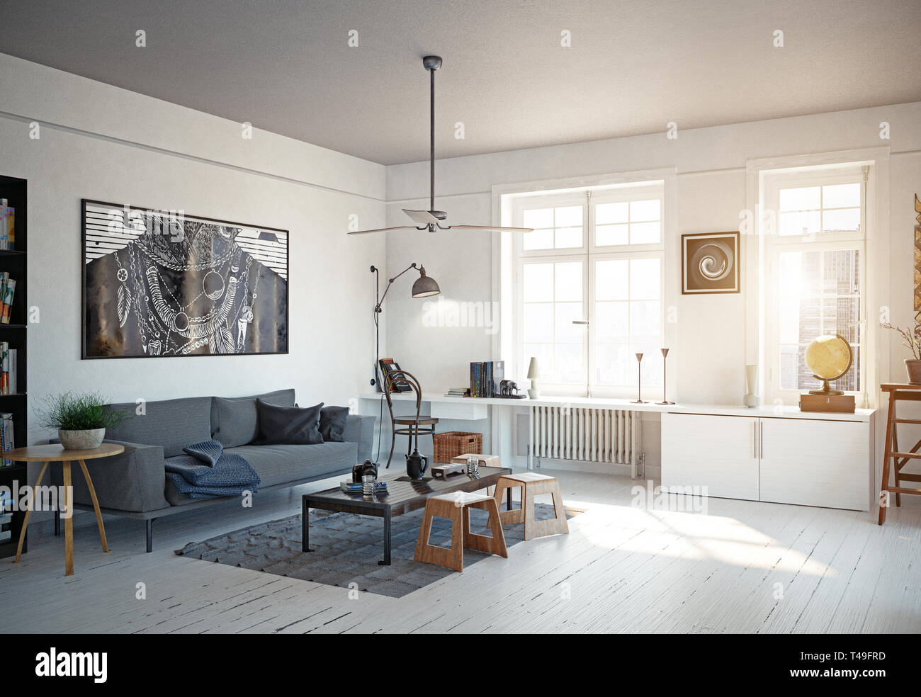Modern Scandinavian Style Living Room Interior Design 3d