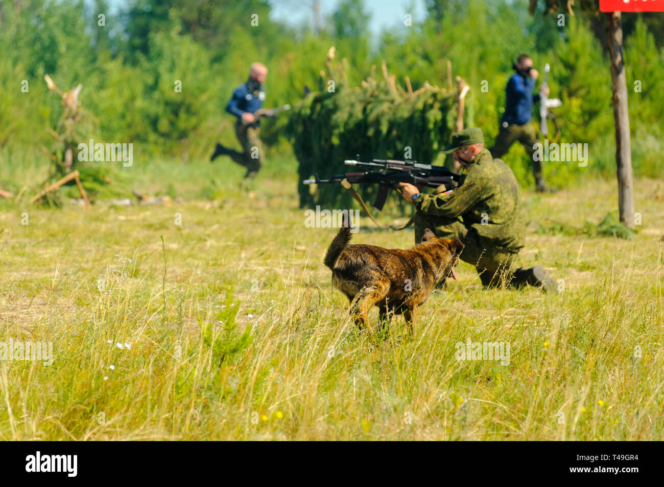 Tyumen, Russia - July 1, 2017: Race of Heroes project on the ground of the highest military and engineering school. Show of special troops warriors Stock Photo