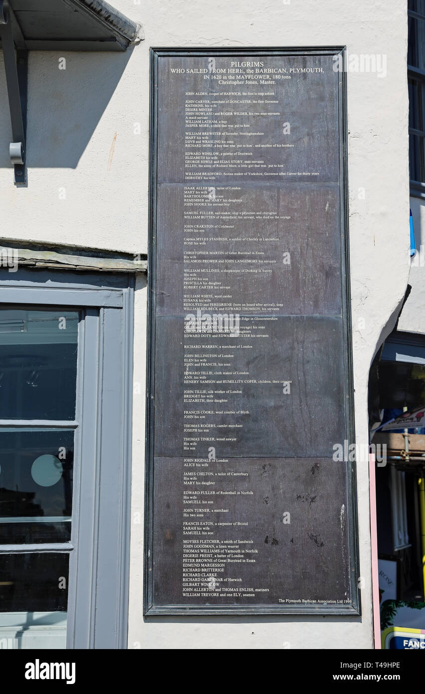 Pilgrim board on Island House, Southside Street, Plymouth Stock Photo