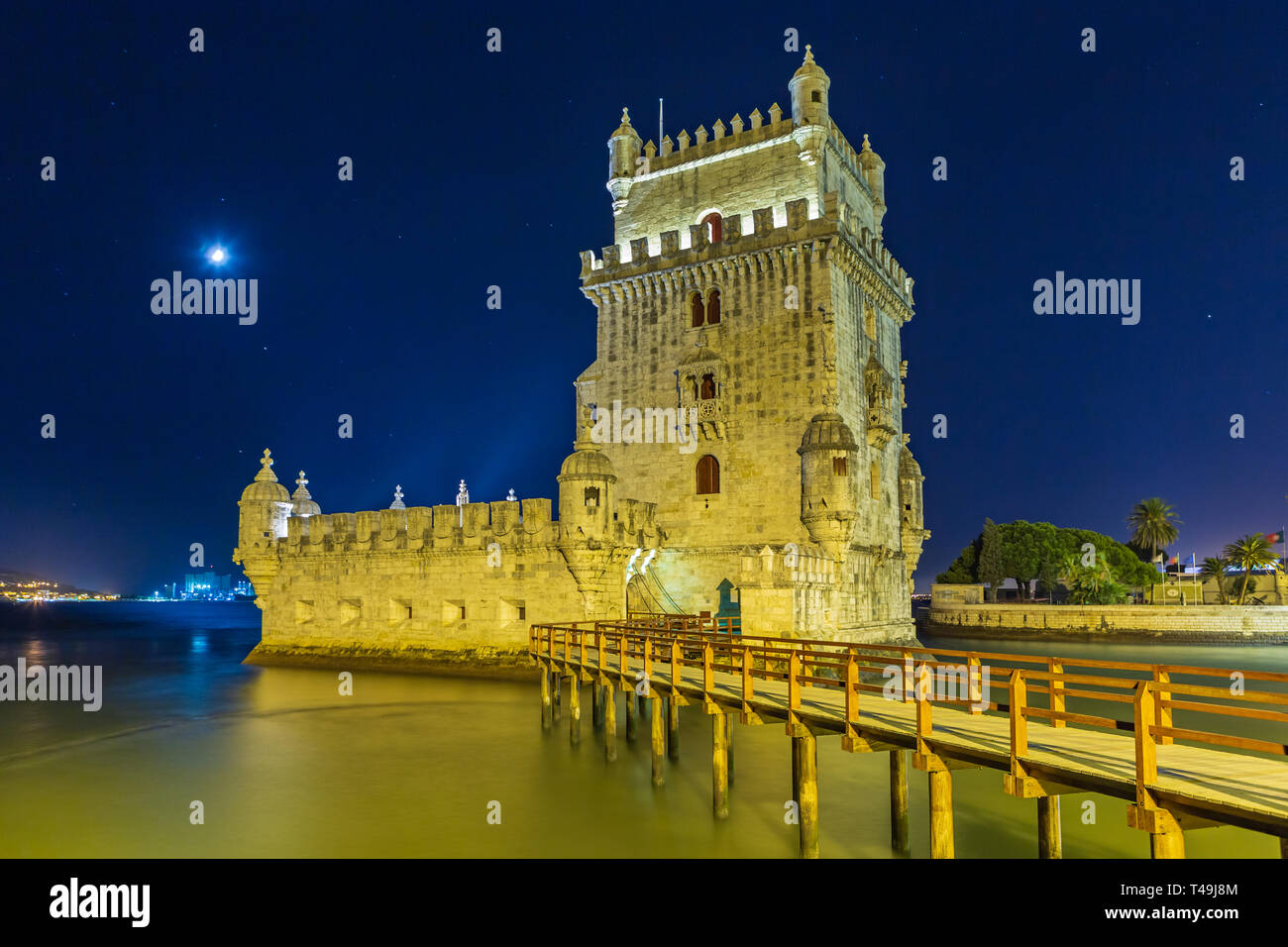 The Torre de Belem castle in Belem near Lisbon by night, Portugal Stock ...