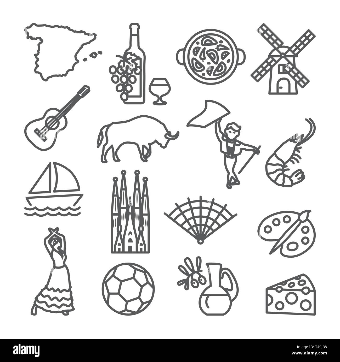 Spain line icons set. Spanish traditional symbols and objects. Stock Vector