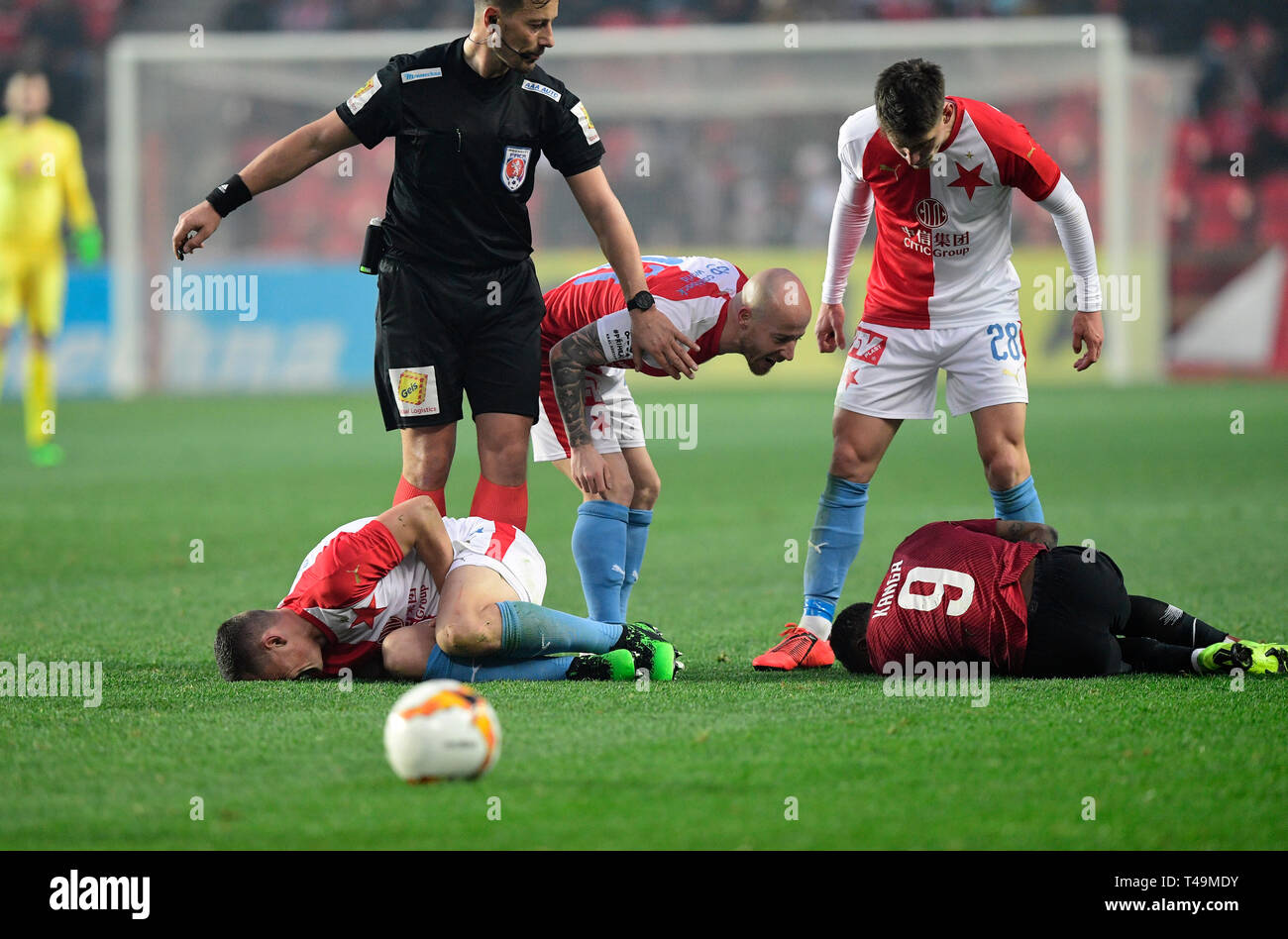 Prague, Czech Republic. 14th Apr, 2019. Tomas Soucek (Slavia) celebrates  his goal during the Czech first soccer league (Fortuna Liga), 28th round,  match SK Slavia Praha vs AC Sparta Praha, on April