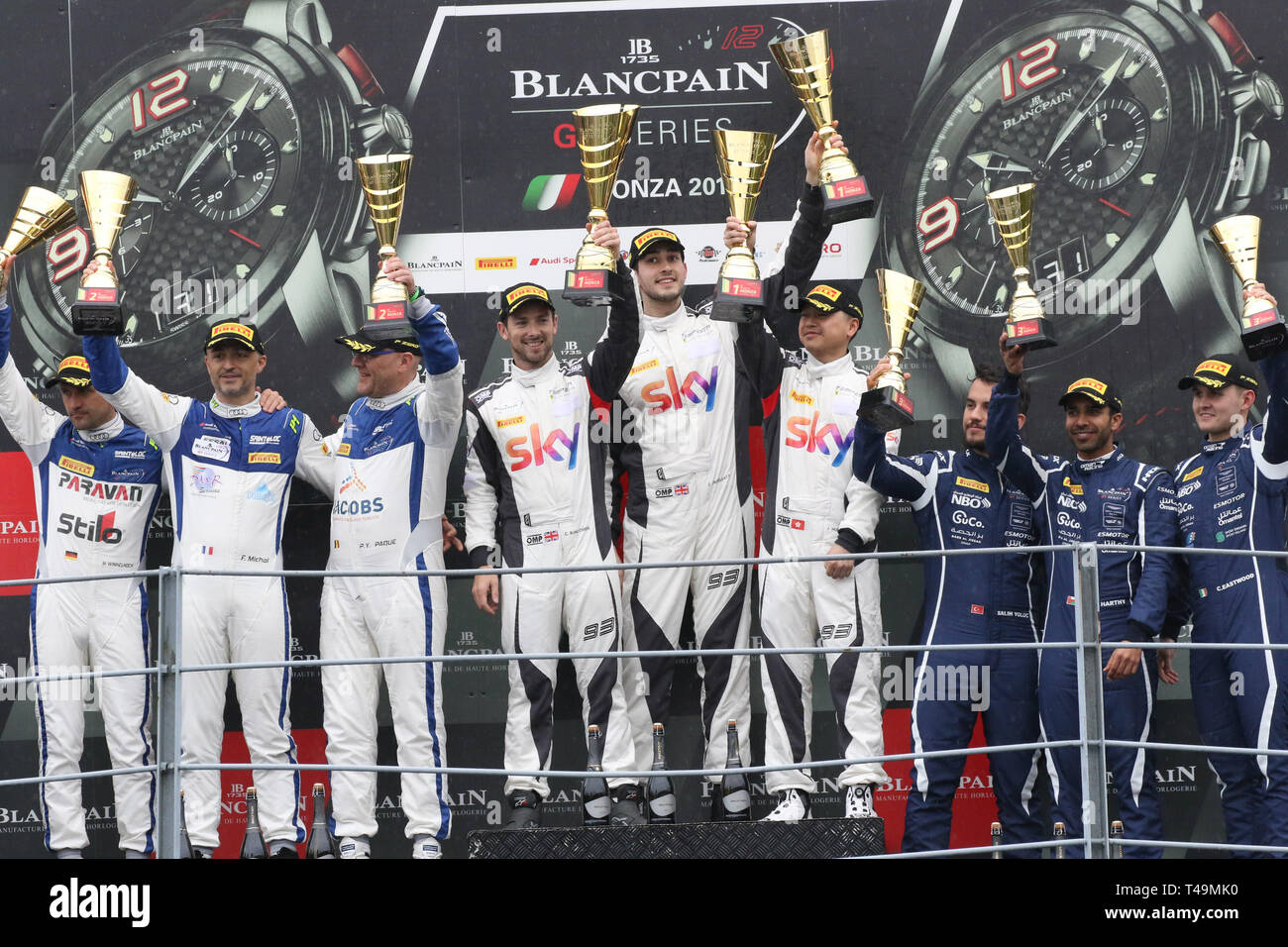 Monza, Italy. 14th Apr, 2019. Pro Am Cup podium with #1 Tempesta Racing drivers  Chris Froggatt, Chris Buncombe & Jonathan Hui, #2 Sainteloc Racing drivers  Fabien Michal, Pierre Yves Pâques & Simon Gachet and #3 Oman Racing with TF Sport Aston Martin Vantage AMR GT3 with Pro-Am Cup drivers Salih Yoluc, Ahmad Al Harthy & Charlie Eastwood during the 2019 Blancpain GT Series at Autodromo di Monza, Monza, Italy on 14 April 2019. Photo by Jurek Biegus.   Editorial use only, license required for commercial use. No use in betting, games or a single club/league/player publications. Credit: UK Sports  Stock Photo