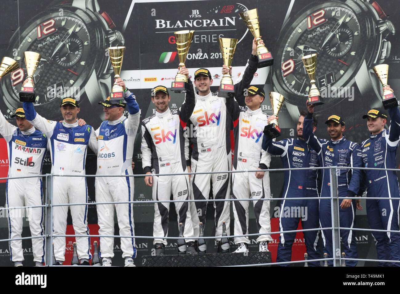 Monza, Italy. 14th Apr, 2019. Pro Am Cup podium with #1 Tempesta Racing drivers  Chris Froggatt, Chris Buncombe & Jonathan Hui, #2 Sainteloc Racing drivers  Fabien Michal, Pierre Yves Pâques & Simon Gachet and #3 Oman Racing with TF Sport Aston Martin Vantage AMR GT3 with Pro-Am Cup drivers Salih Yoluc, Ahmad Al Harthy & Charlie Eastwood during the 2019 Blancpain GT Series at Autodromo di Monza, Monza, Italy on 14 April 2019. Photo by Jurek Biegus.  Editorial use only, license required for commercial use. No use in betting, games or a single club/league/player publications. Credit: UK Sports P Stock Photo