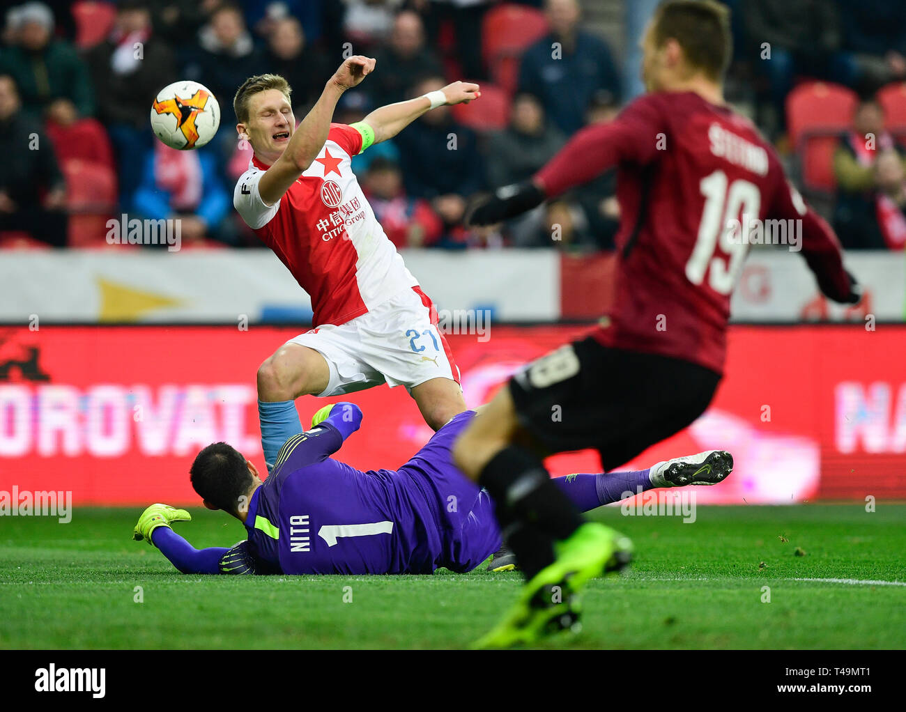 Prague, Czech Republic. 14th Apr, 2019. Tomas Soucek (Slavia) celebrates  his goal during the Czech first soccer league (Fortuna Liga), 28th round,  match SK Slavia Praha vs AC Sparta Praha, on April