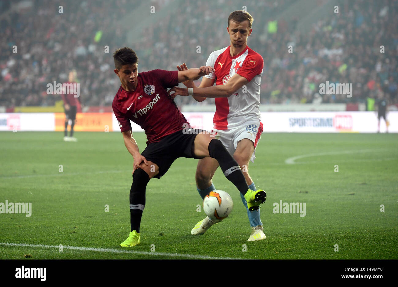 Prague, Czech Republic. 14th Apr, 2019. Tomas Soucek (Slavia) celebrates  his goal during the Czech first soccer league (Fortuna Liga), 28th round,  match SK Slavia Praha vs AC Sparta Praha, on April