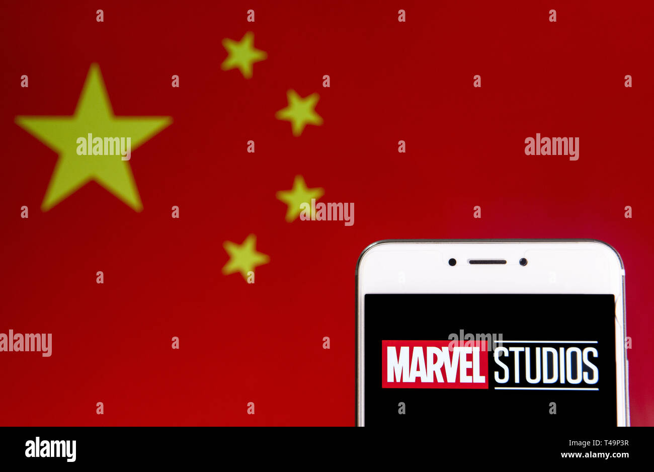 Hong Kong 6th Apr 19 In This Photo Illustration A American Film Production Label Owned By Disney Marvel Studios Logo Is Seen On An Android Mobile Device With People S Republic Of China
