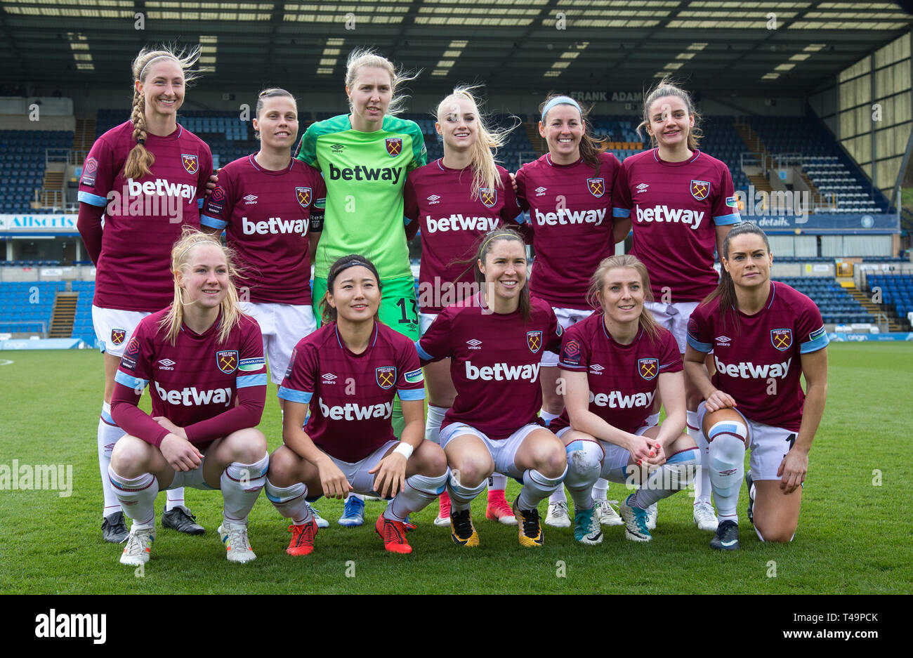 High Wycombe, UK. 14th Apr, 2019. West Ham United women pre match team photo (back row l-r) Brroke Hendrix, Gill Flaherty, Goalkeeper Anna Moorhouse, Alisha Lehmann, Erin Simon and Jane Ross (front row l-r) Lucienne Reichardt, Cho So-Hyun, Jane Ross, Kate Longhurst & Claire Rafferty during the Women's FA Cup Semi-Final match between Reading Women and West Ham United at Adams Park, High Wycombe, England on 14 April 2019. Credit: Action Foto Sport/Alamy Live News Stock Photo