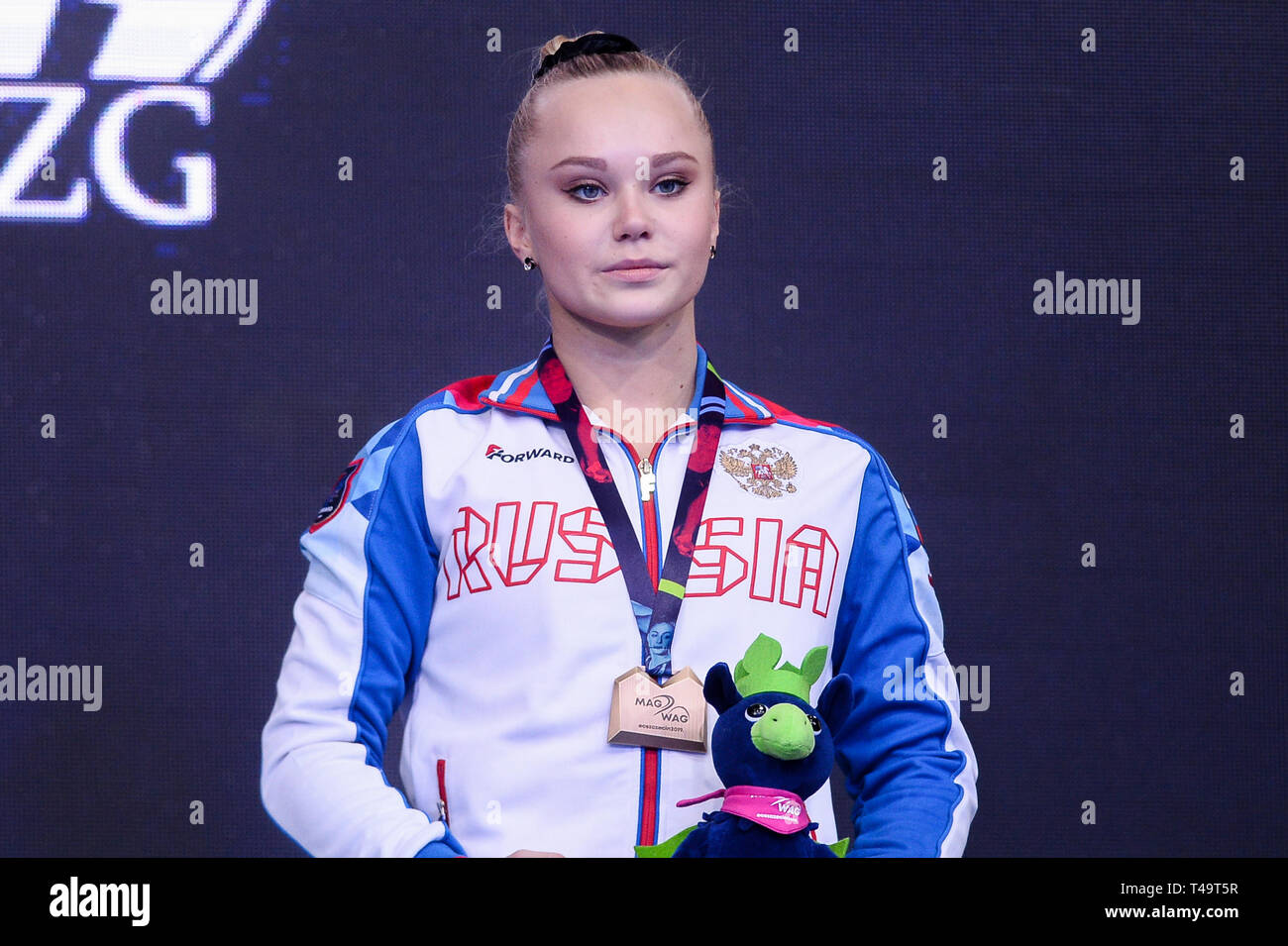 Angelina Melnikova from Russia seen with a bronze medal of the floor final during the Apparatus Finals of 8th European Championships in Artistic Gymnastics (Day 5). Stock Photo
