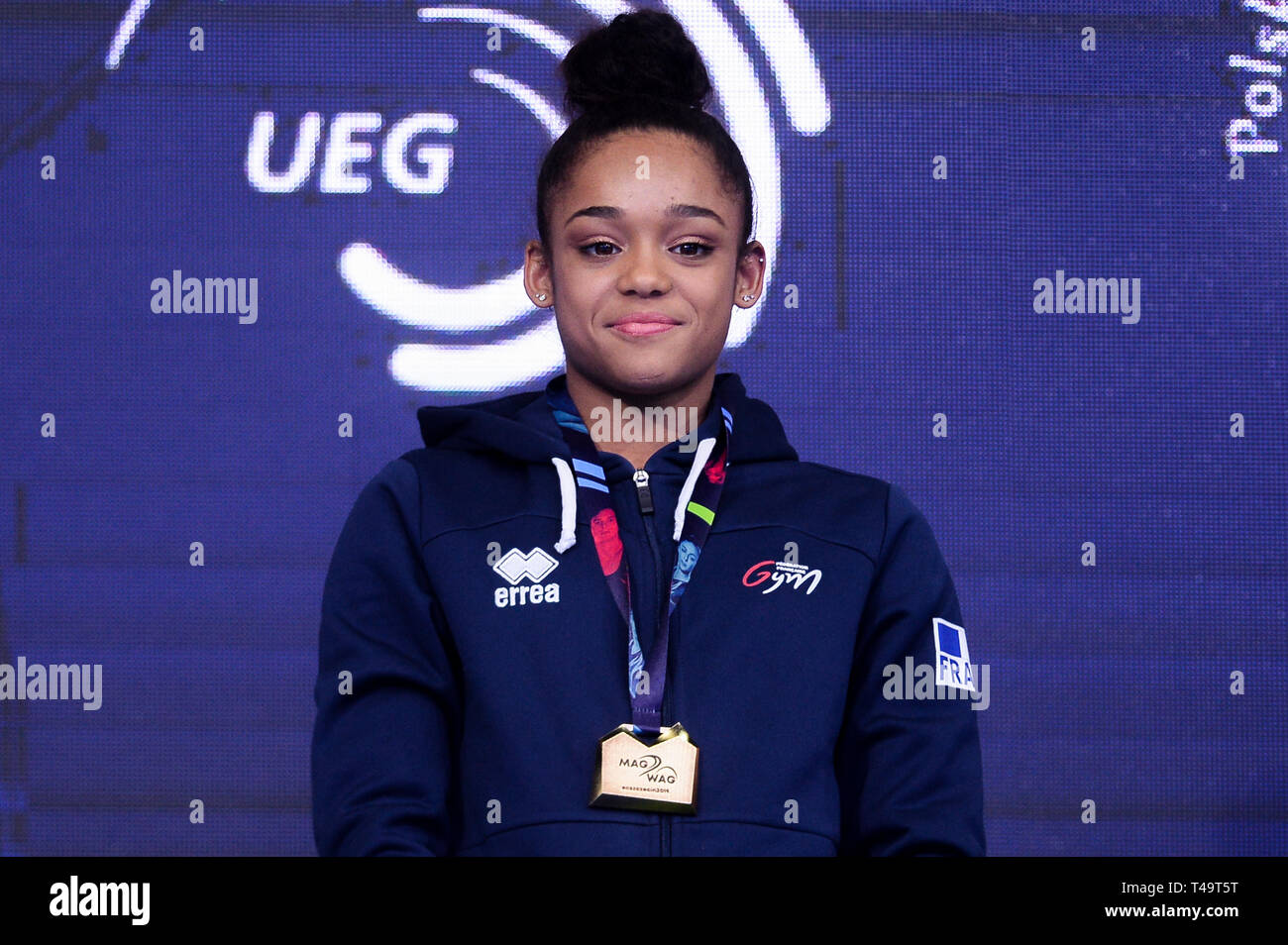 Melanie De Jesus Dos Santos from France seen with a gold medal of the floor final during the Apparatus Finals of 8th European Championships in Artistic Gymnastics (Day 5). Stock Photo
