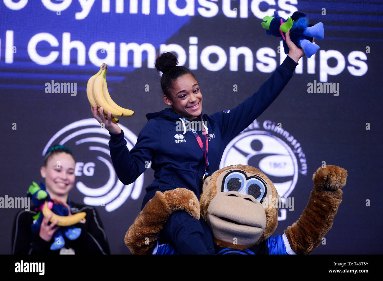 Melanie De Jesus Dos Santos from France seen celebrating with a gold medal of the floor final during the Apparatus Finals of 8th European Championships in Artistic Gymnastics (Day 5). Stock Photo