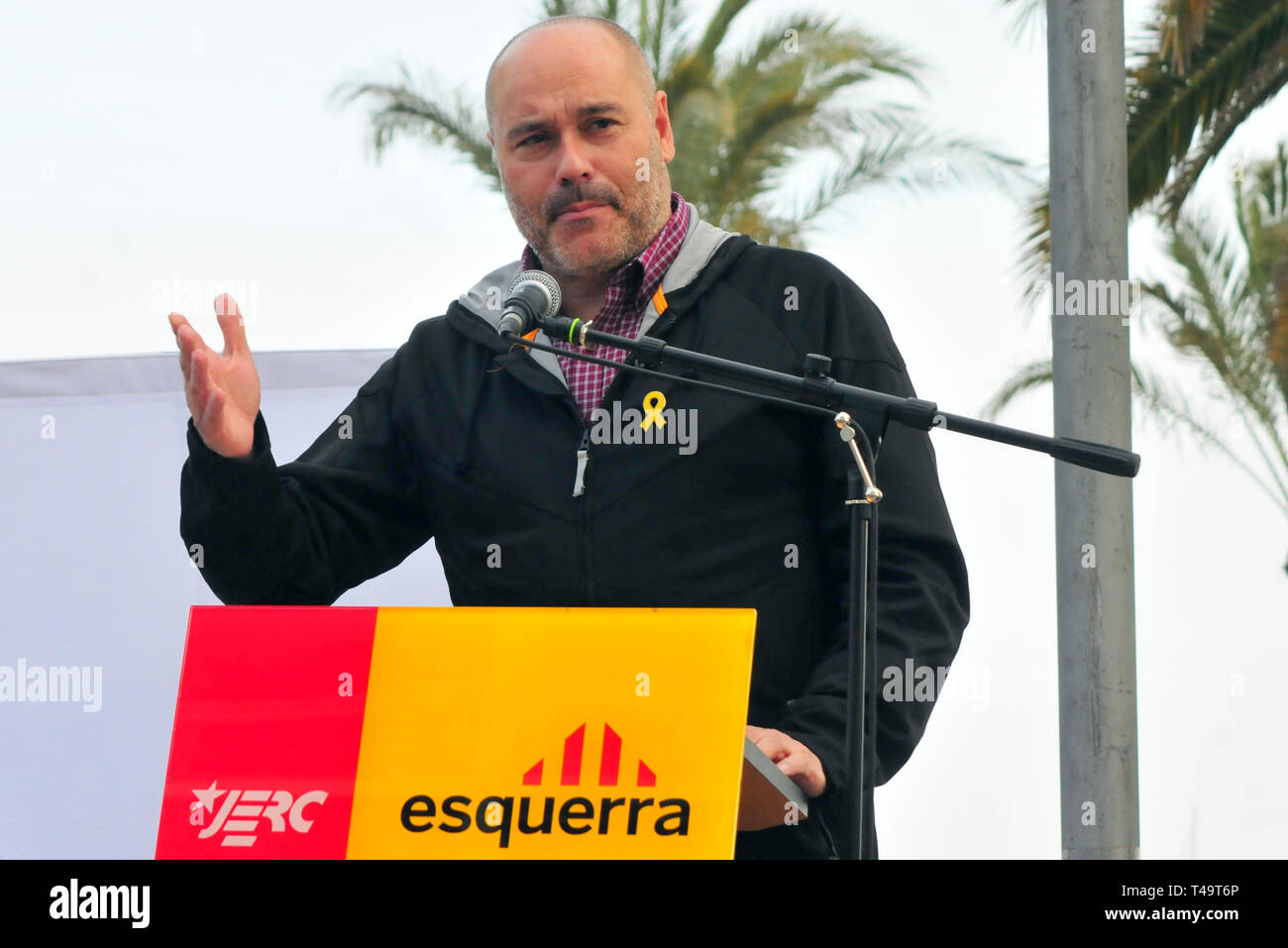 The candidate for the demarcation of Tarragona Jordi Salvador of ERC seen speaking during the parliaments of the political act at the electoral campaign for the next general elections in El Vendrell. Stock Photo