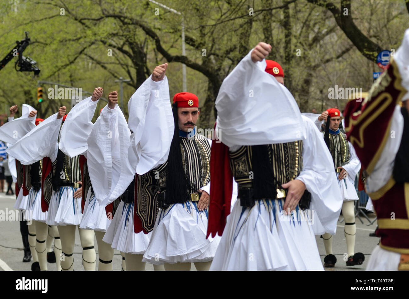 Soldiers seen marching during the annual Greek Independence Parade on 5th Avenue in New York City. Stock Photo