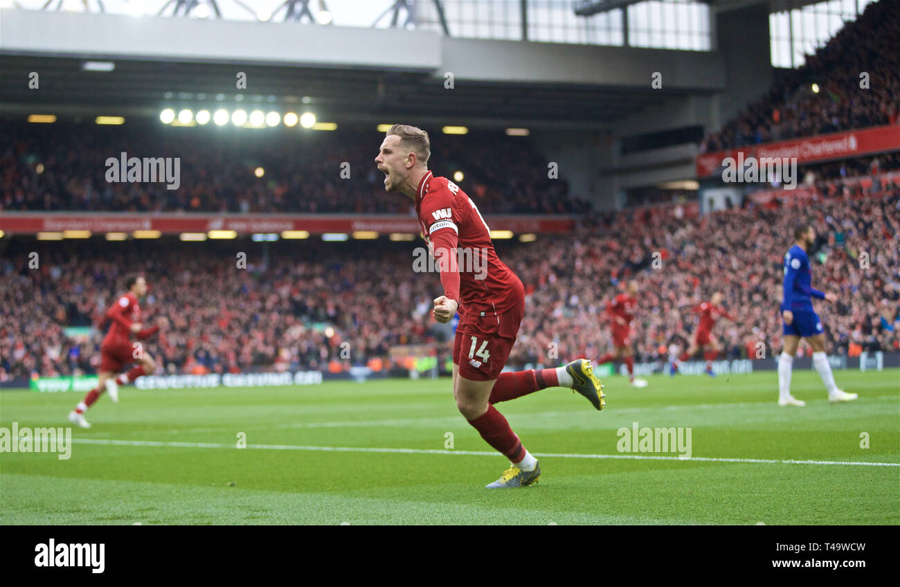 Liverpool. 15th Apr, 2019. Liverpool's Jordan Henderson celebrates team's goal during English Premier League match between Liverpool FC and Chelsea FC at Anfield in Liverpool, Britain on April 14, 2019. Liverpool won 2-0. Credit: Xinhua/Alamy Live News Stock Photo