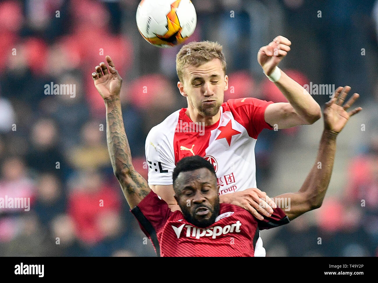 Prague, Czech Republic. 14th Apr, 2019. Tomas Soucek (Slavia) celebrates  his goal during the Czech first soccer league (Fortuna Liga), 28th round,  match SK Slavia Praha vs AC Sparta Praha, on April