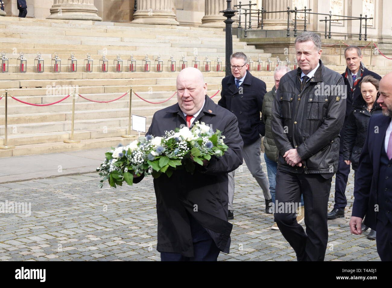 Liverpool, UK. 15th Apr, 2019. Mayor Joe Anderson lays a wreath at the memorial service at St George's Hall to mark the 30th anniversary of the Hillsborough disaster in which 96 Liverpool supporters lost their lives. Credit: ken biggs/Alamy Live News Stock Photo