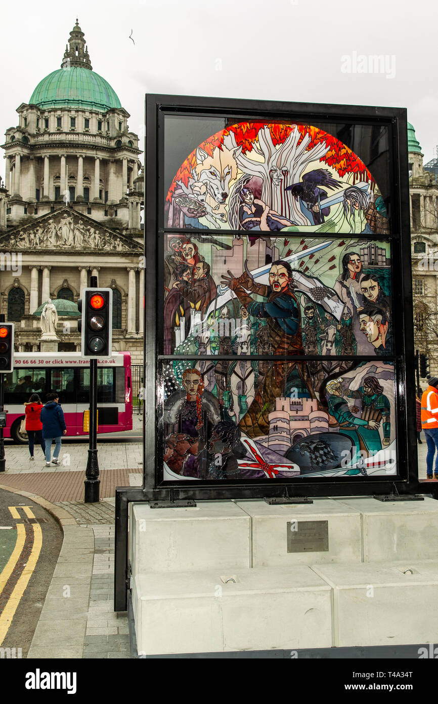 Donegall Place, Belfast, UK. 15th Apr, 2019. A Stain glass window called Glass of Thrones which depicts several characters from the house of Stark has been unveiled in the centre of Belfast. With the Final Season of the acclaimed Fantasy Drama Game of thrones Screening on the 15th April Credit: Bonzo/Alamy Live News Stock Photo