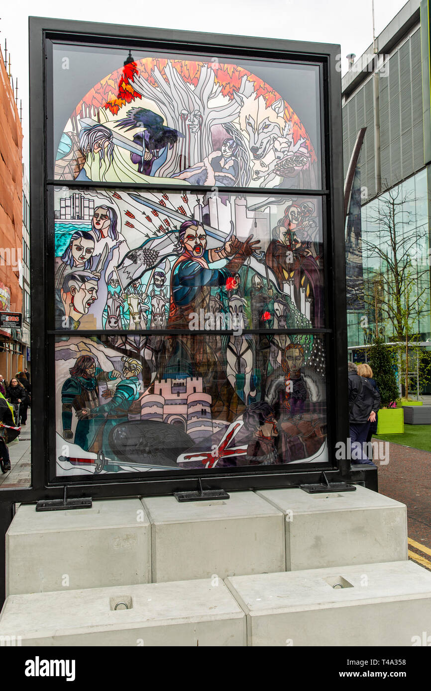 Donegall Place, Belfast, UK. 15th Apr, 2019. A Stain glass window called Glass of Thrones which depicts several characters from the house of Stark has been unveiled in the centre of Belfast. With the Final Season of the acclaimed Fantasy Drama Game of thrones Screening on the 15th April Credit: Bonzo/Alamy Live News Stock Photo