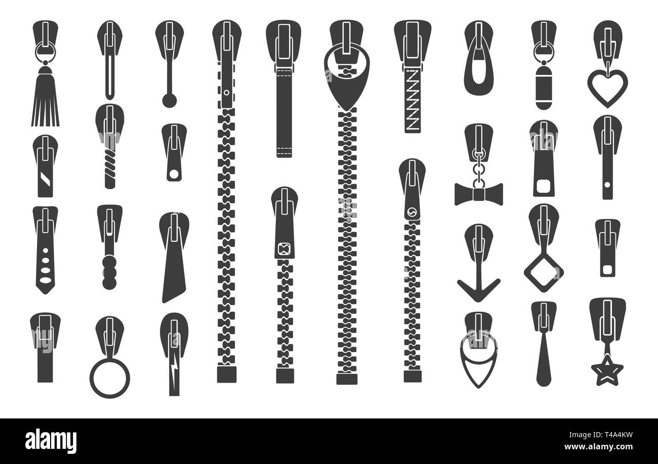 Zipper silhouettes. Zip pulls or zipper pullers vector illustration, black  zip lock stock collection isolated on white background Stock Vector Image &  Art - Alamy