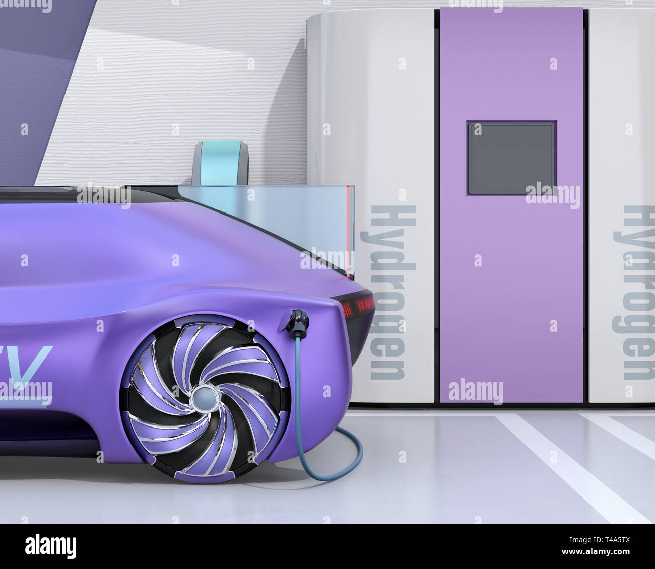 Close-up view of Fuel Cell powered autonomous car filling gas in Fuel Cell Hydrogen Station. 3D rendering image. Stock Photo