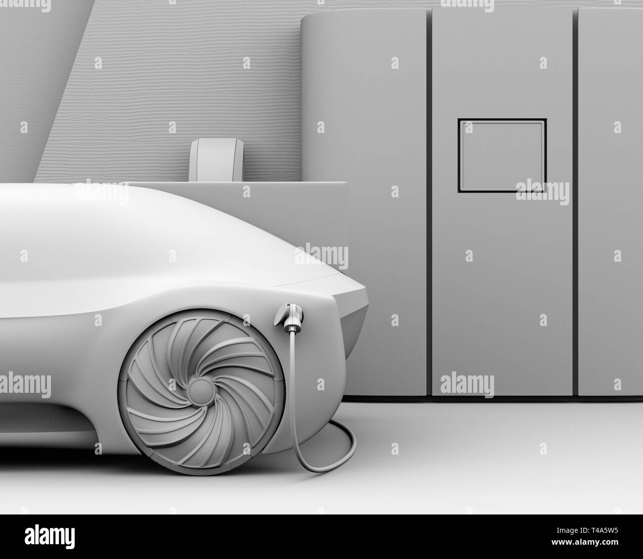 Clay rendering of Fuel Cell powered autonomous car filling gas in Fuel Cell Hydrogen Station. 3D rendering image. Stock Photo