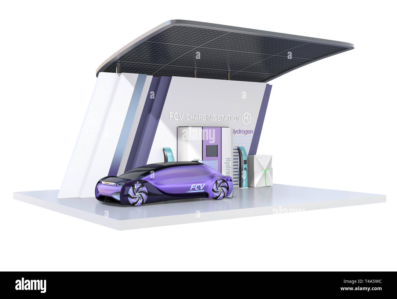 Fuel Cell powered autonomous car filling gas in Fuel Cell Hydrogen Station equipped with solar