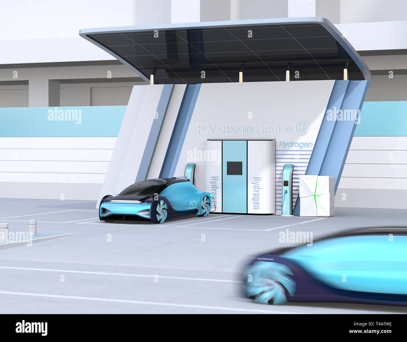 Fuel Cell powered autonomous car filling gas in Fuel Cell Hydrogen Station equipped with solar