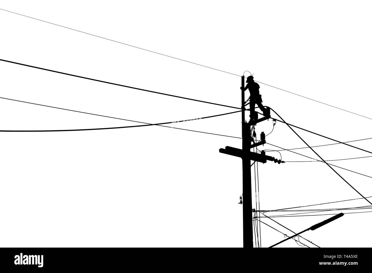The electrical worker is changing the high voltage power cable. High voltage pole picture style black and white. Stock Photo