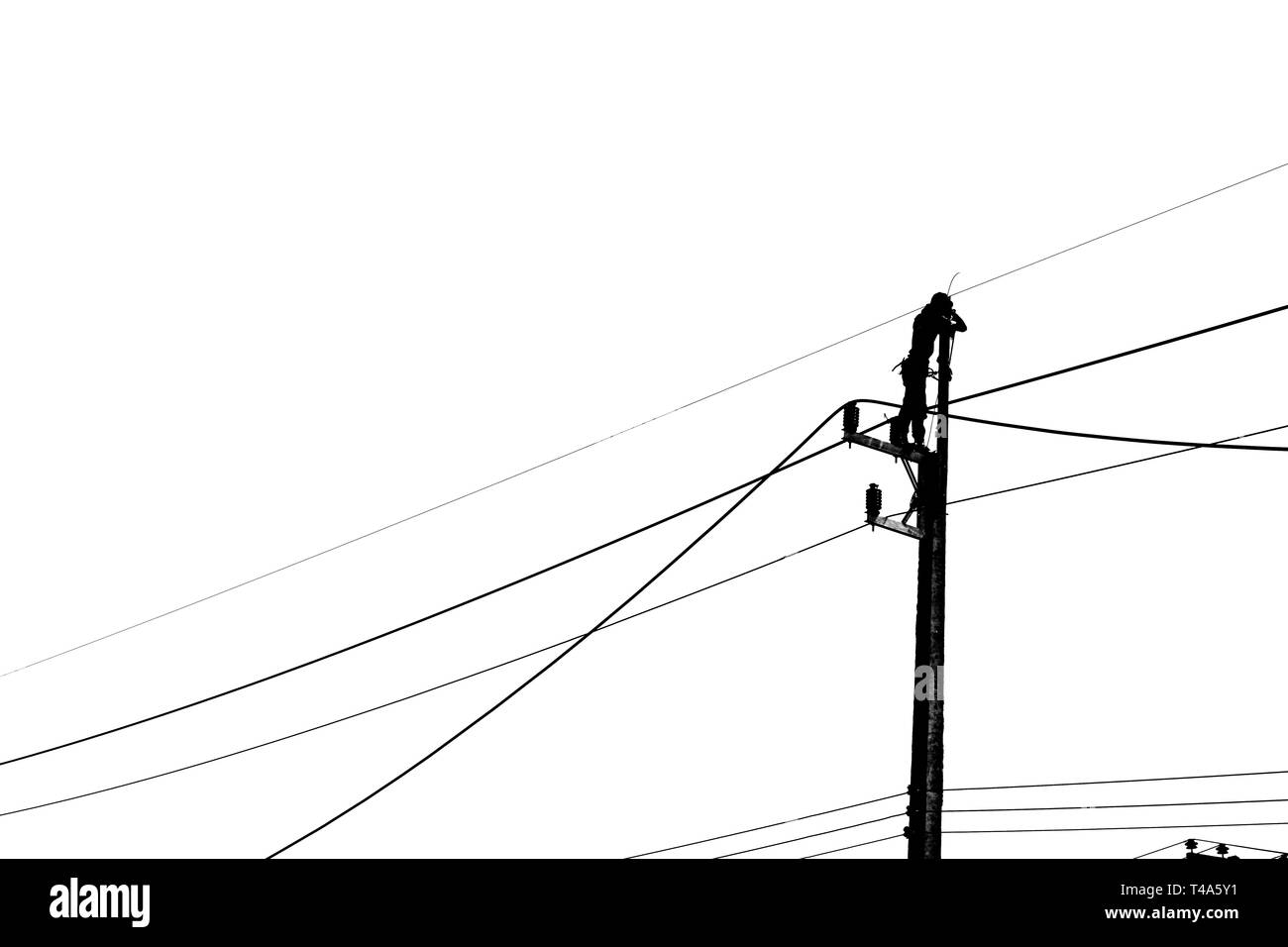 The electrical worker is changing the high voltage power cable. High voltage pole picture style black and white. Stock Photo