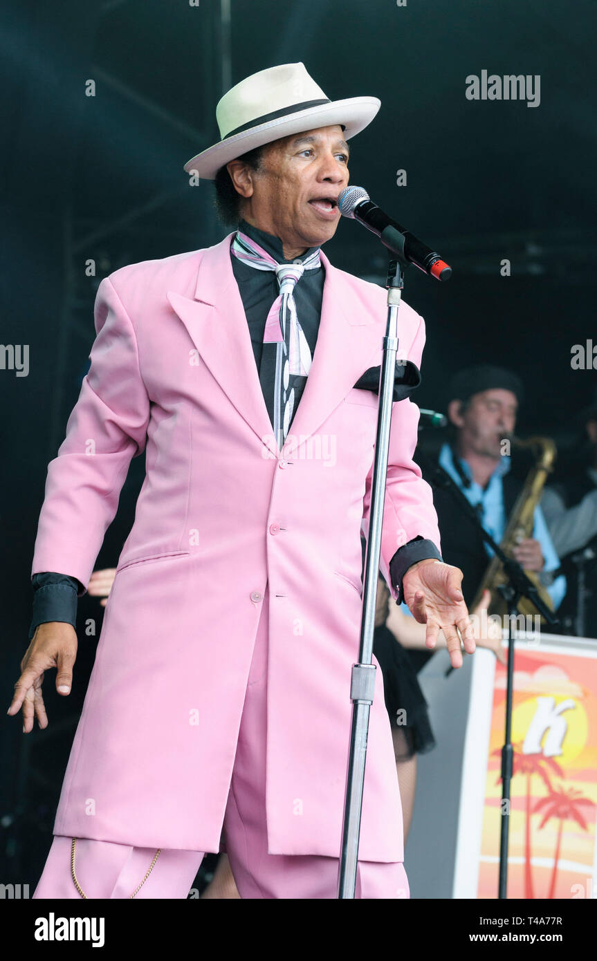 Kid Creole performing with his band, King Creole and the Coconuts at Cornbury Festival, UK. July 6, 2014 Stock Photo