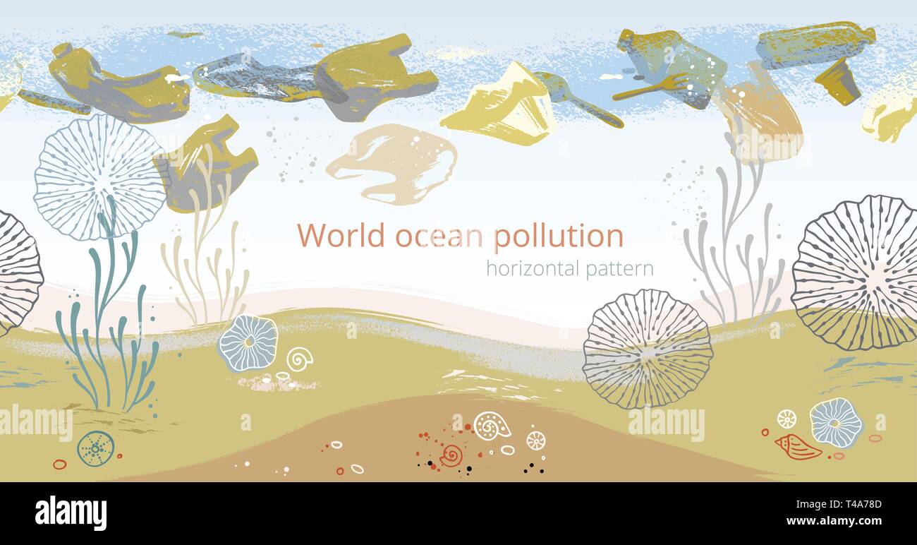 Seamless horizontal pattern with corals, algae, fish, and starfish. Stock Vector
