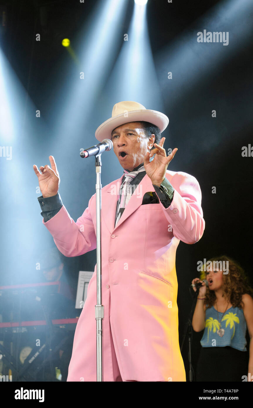 Kid Creole performing with his band, King Creole and the Coconuts at Cornbury Festival, UK. July 6, 2014 Stock Photo
