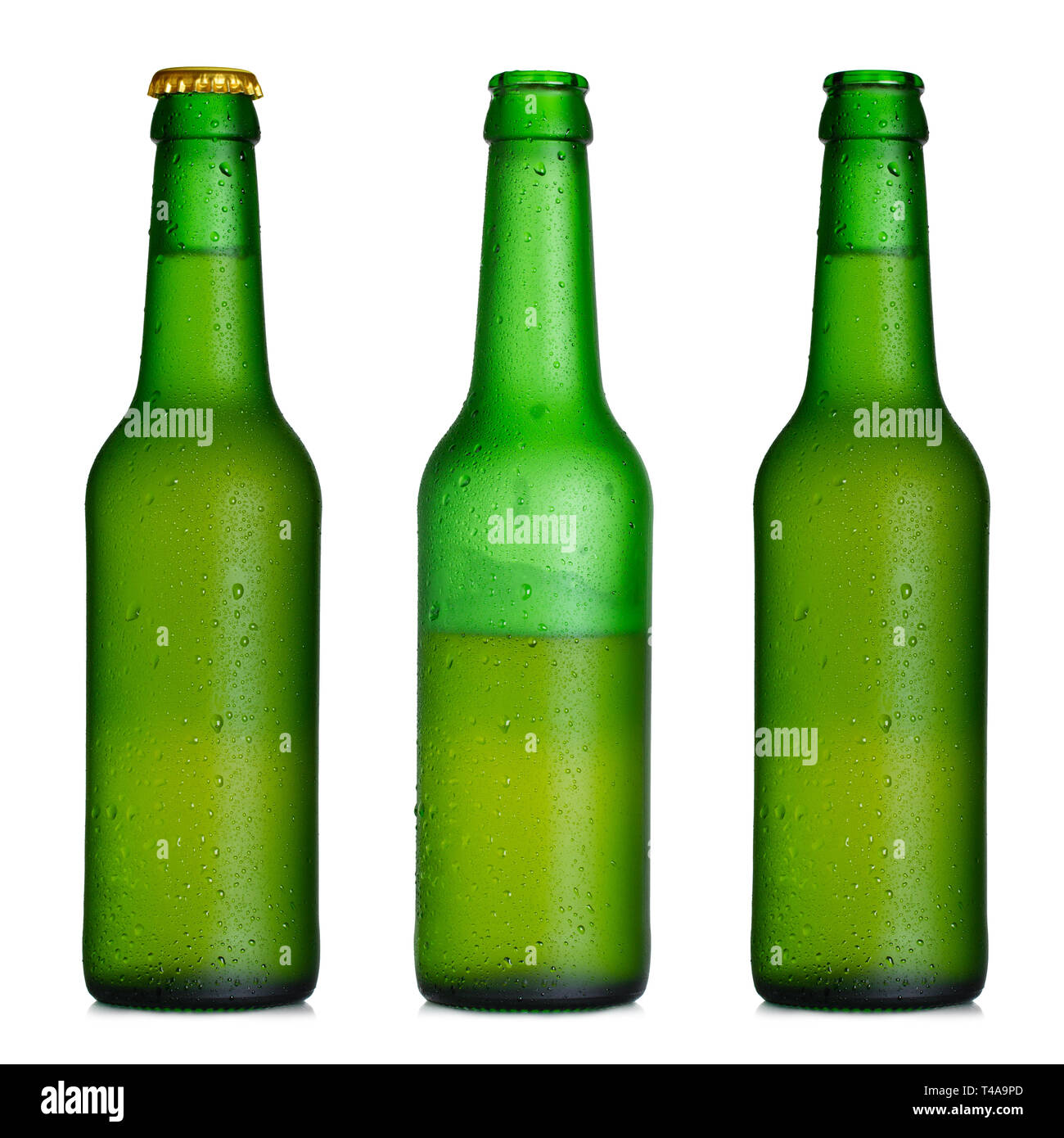 Beer bottle closed, half-full and opened Stock Photo