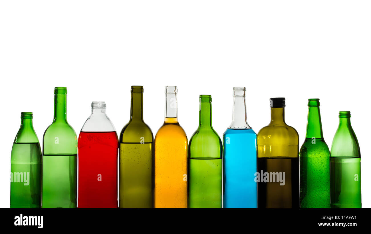 Different alcohol drinks bottles isolated on white Stock Photo