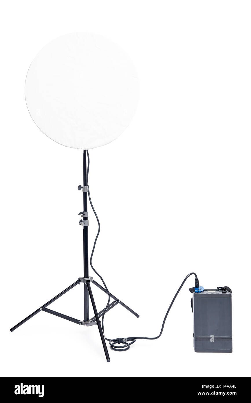 Round flash with one battery pack on a white background Stock Photo
