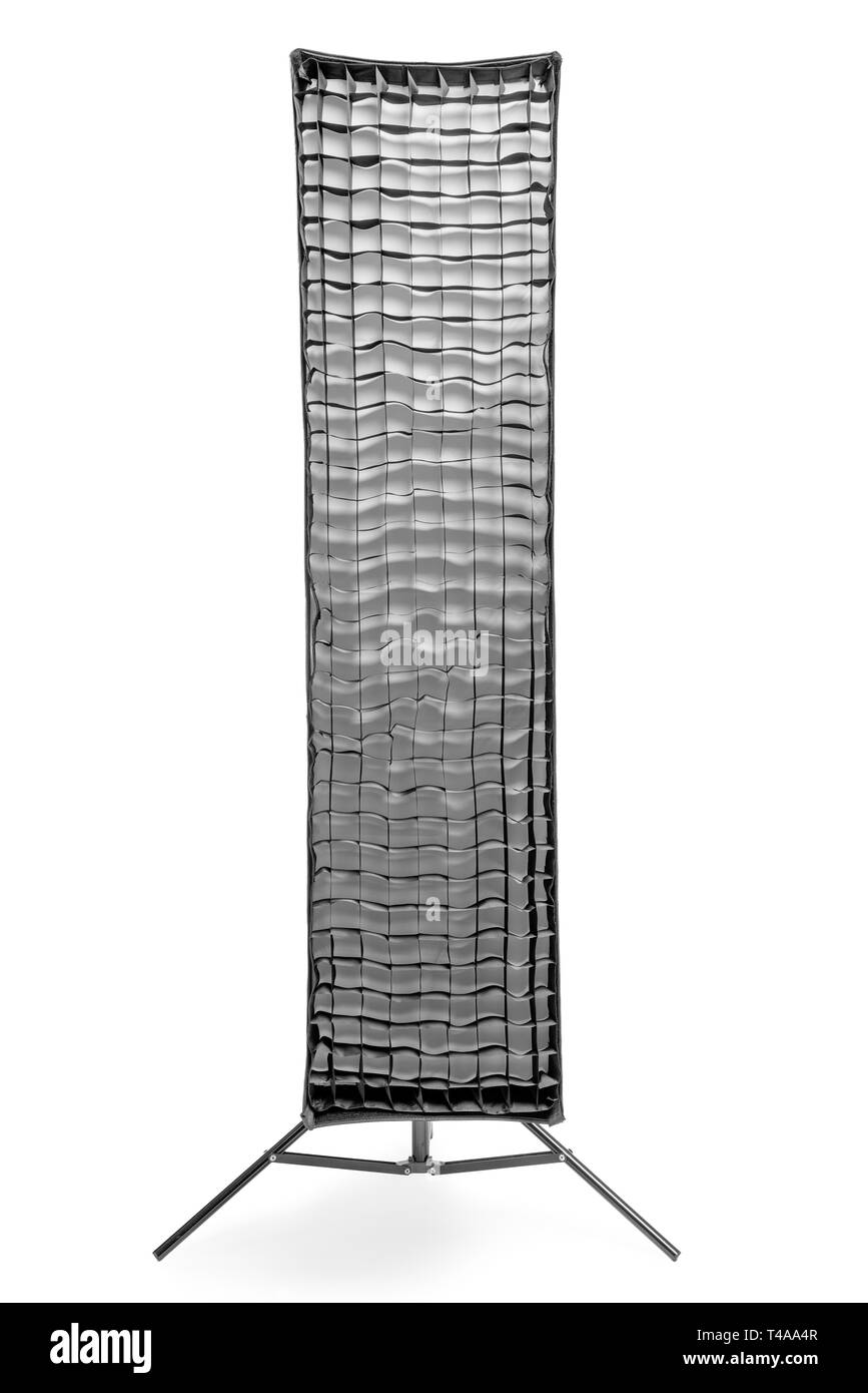 Rectangular soft box with honeycombs on a rack on a white background in the studio isolated Stock Photo
