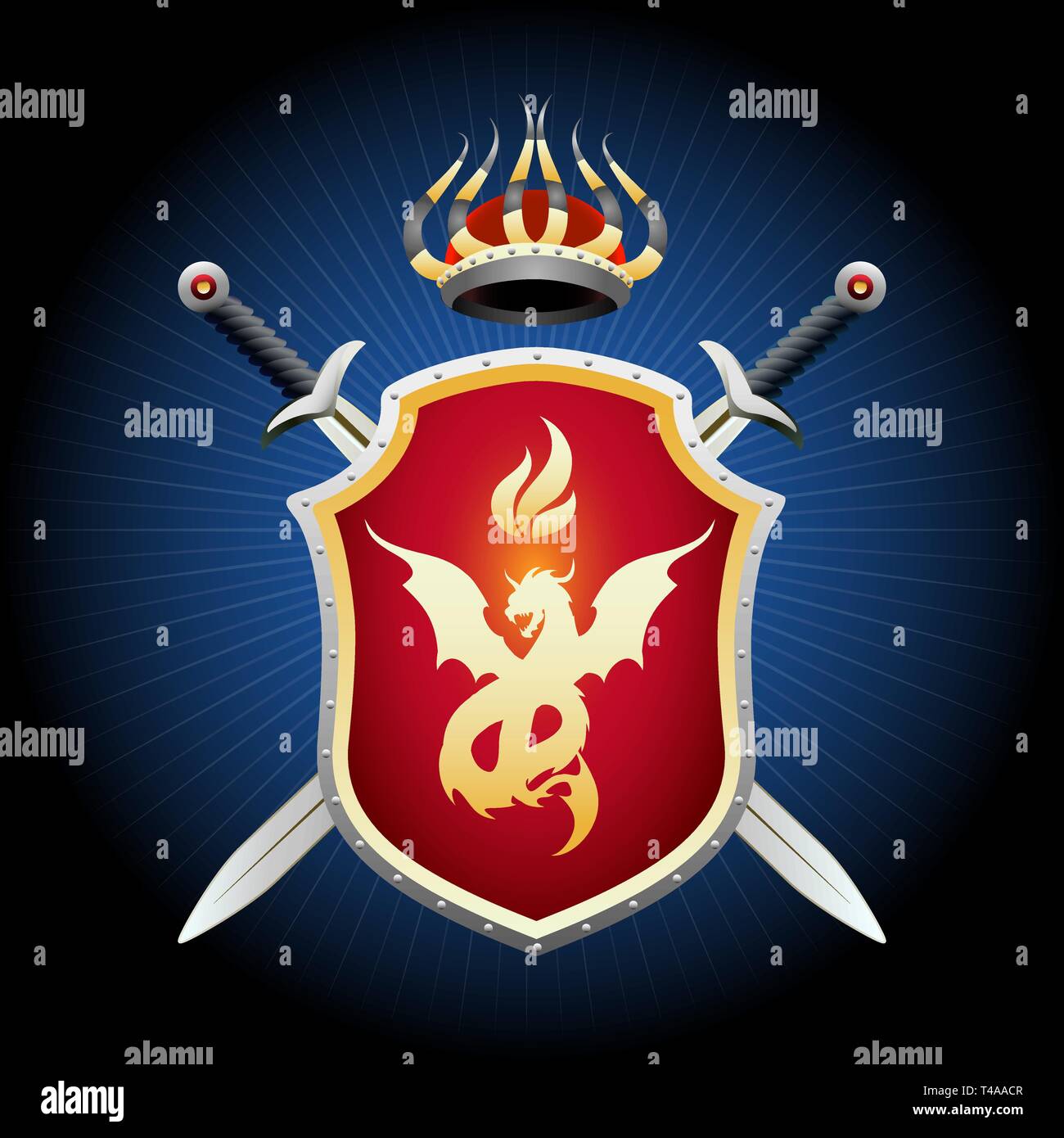 Coat of Arms with crown swords and shield. Golden shield with fiery dragon emblem. Vector illustration. Stock Vector