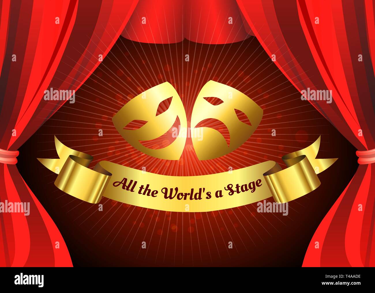 Comedy and tragedy golden masks on theatre stage background with Red Curtain. Vector illustration Stock Vector