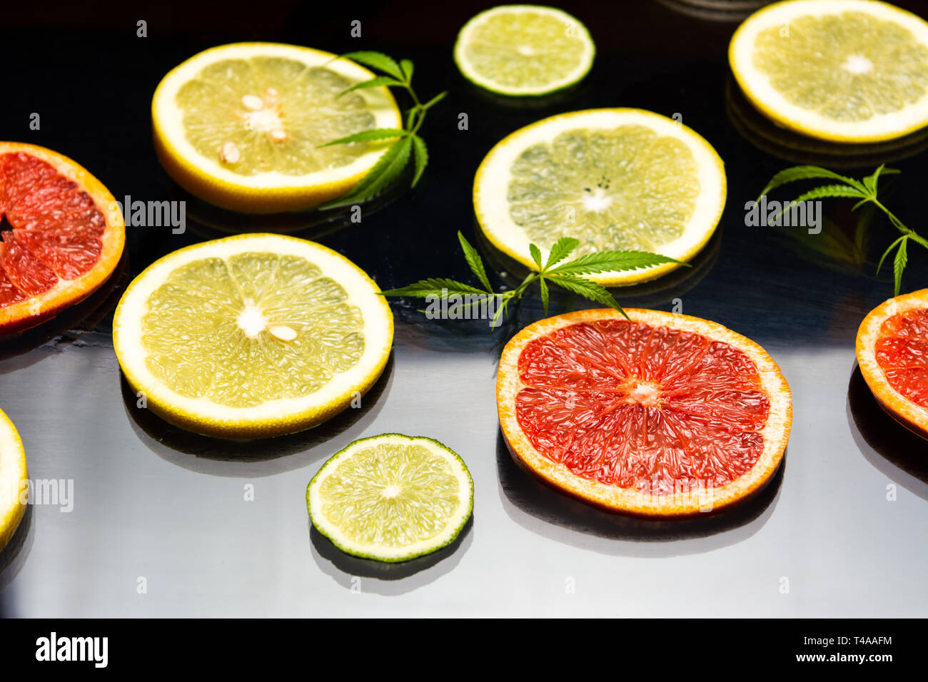 Sliced lemon and grapefruit on a dark table Stock Photo