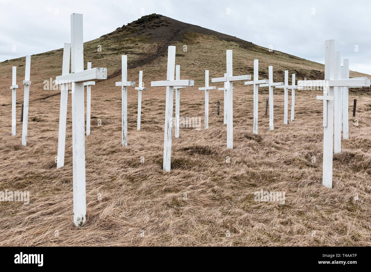 Suðurlandsvegi, Iceland. Roadside crosses in memory of those killed in traffic accidents on a dangerous stretch of the Ring Road (Route 1) Stock Photo